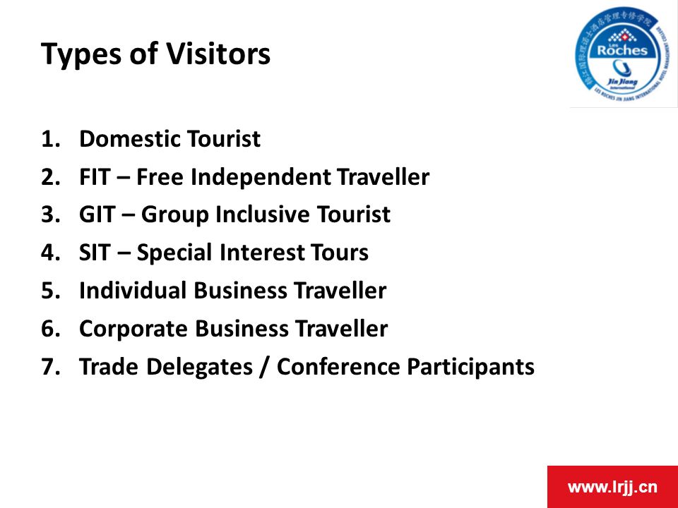 Types of Visitors Domestic Tourist FIT – Free Independent Traveller