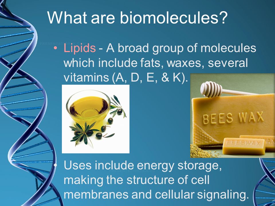 What are biomolecules Lipids - A broad group of molecules which include fats, waxes, several vitamins (A, D, E, & K).
