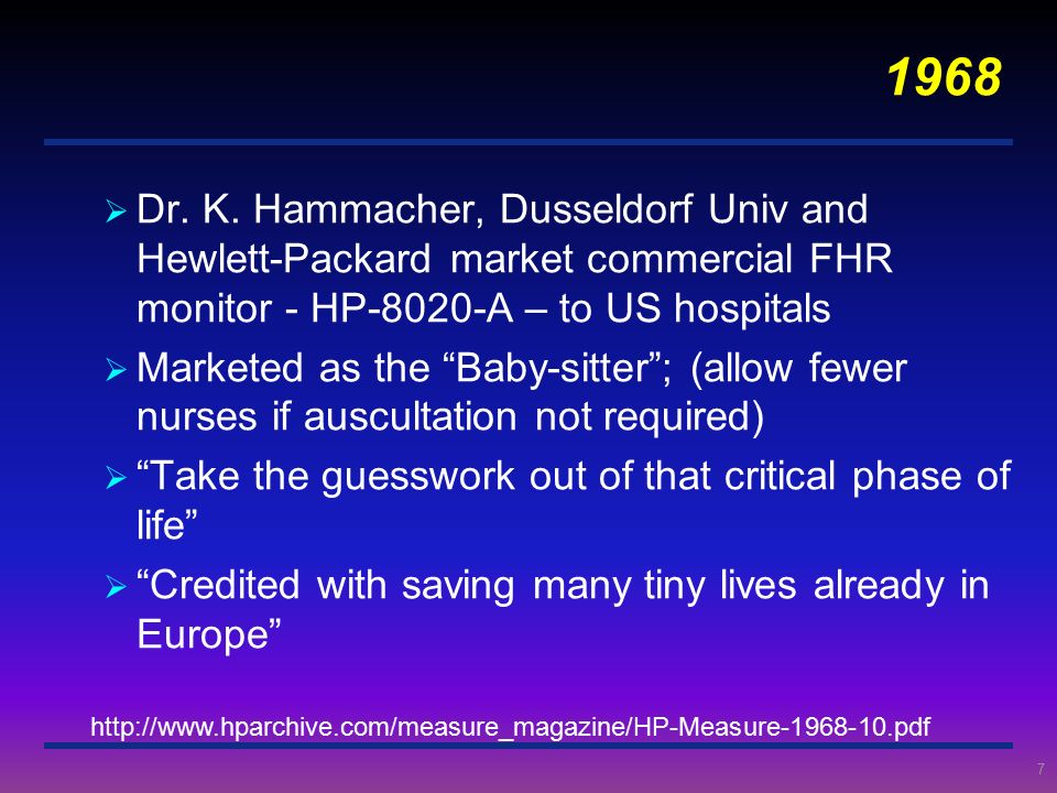 1968 Dr. K. Hammacher, Dusseldorf Univ and Hewlett-Packard market commercial FHR monitor - HP-8020-A – to US hospitals.