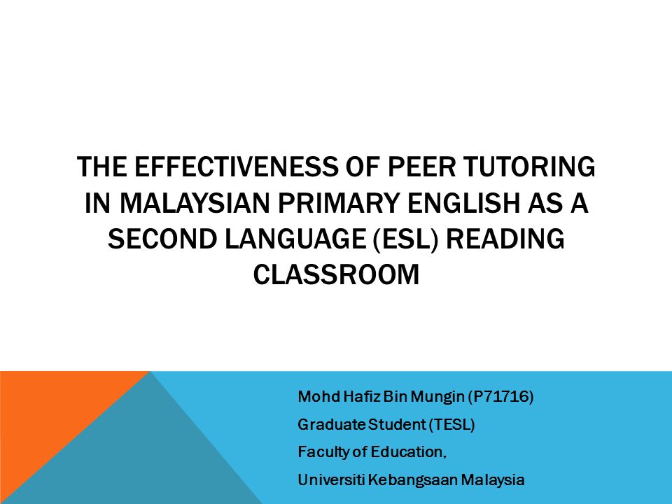 The Effectiveness Of Peer Tutoring In Malaysian Primary English As A Second Language Esl Reading Classroom Mohd Hafiz Bin Mungin P71716 Graduate Student Ppt Video Online Download