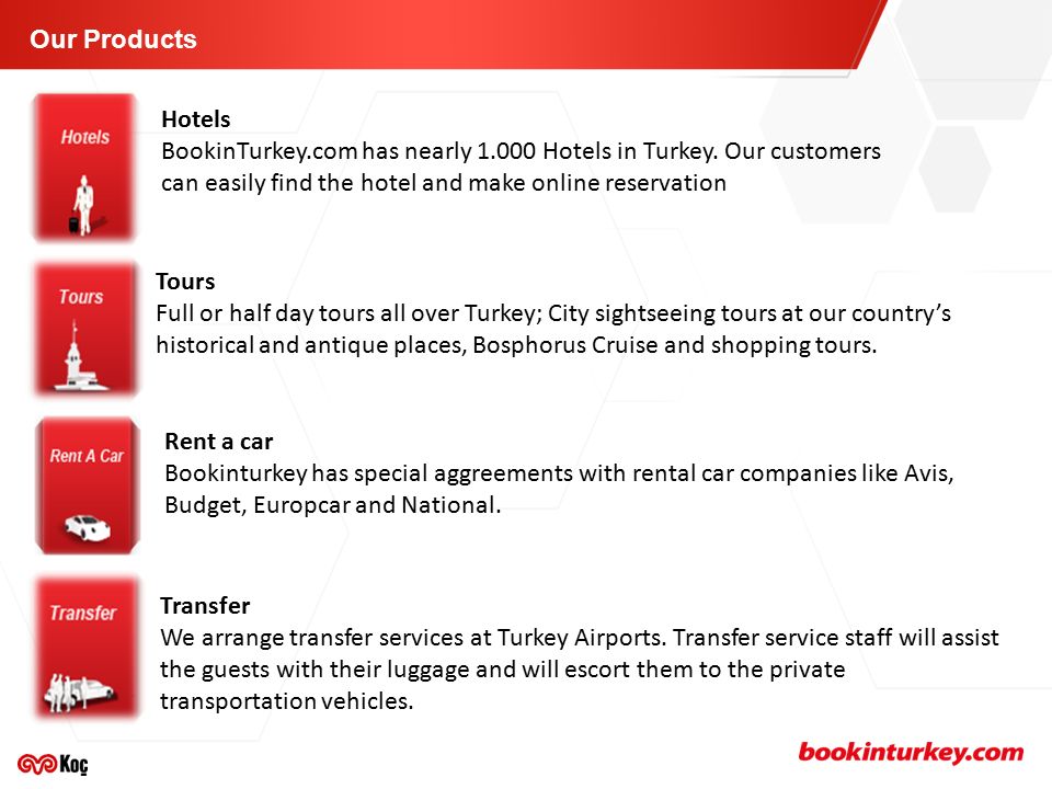 Our Products Hotels. BookinTurkey.com has nearly Hotels in Turkey. Our customers can easily find the hotel and make online reservation.