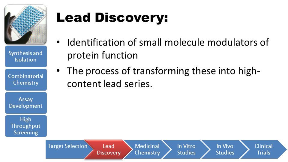 Lead Discovery: Identification of small molecule modulators of protein function. The process of transforming these into high-content lead series.