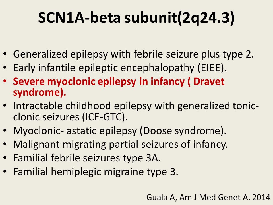 SCN1A-beta subunit(2q24.3) Generalized epilepsy with febrile seizure plus type 2. Early infantile epileptic encephalopathy (EIEE).