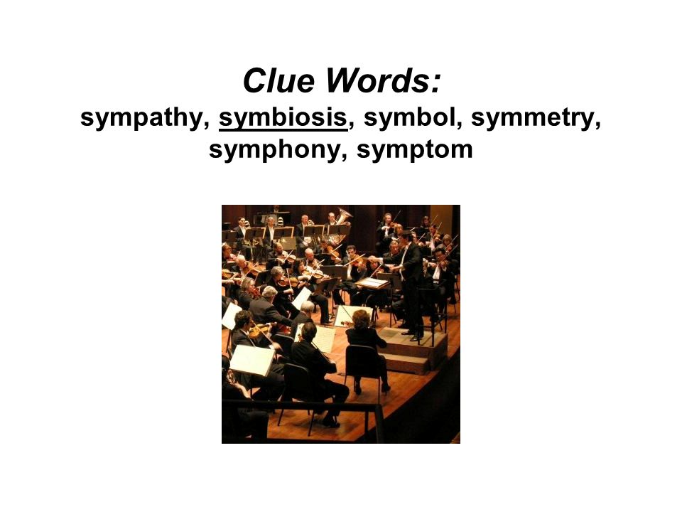 Clue Words: sympathy, symbiosis, symbol, symmetry, symphony, symptom