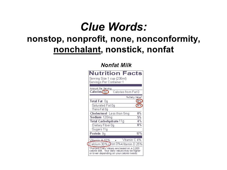 Clue Words: nonstop, nonprofit, none, nonconformity, nonchalant, nonstick, nonfat