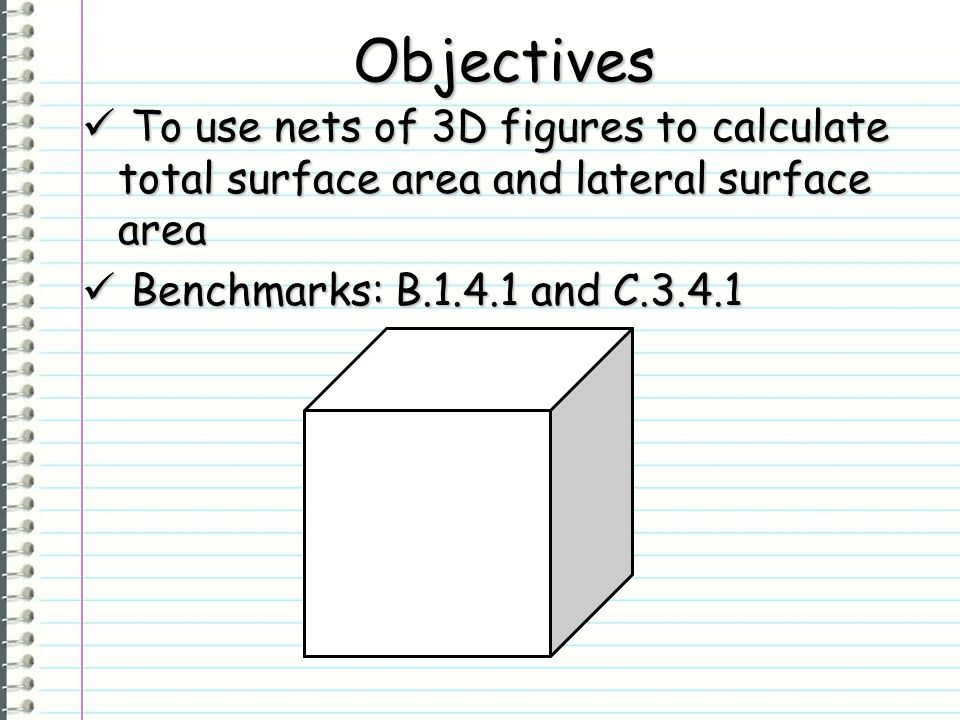 Objectives To use nets of 3D figures to calculate total surface area and lateral surface area.