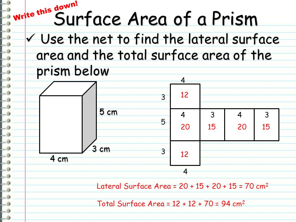 Surface Area of a Prism Write this down! Use the net to find the lateral surface area and the total surface area of the prism below.