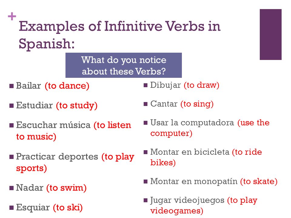 Examples of Infinitive Verbs in Spanish: