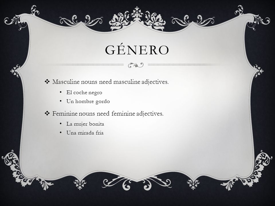 gÉnero Masculine nouns need masculine adjectives.