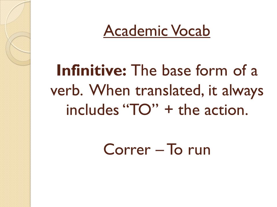 Academic Vocab Infinitive: The base form of a verb