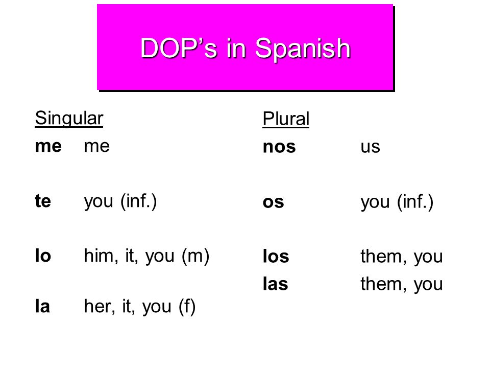 DOP’s in Spanish Plural Singular nos us me me os you (inf.)