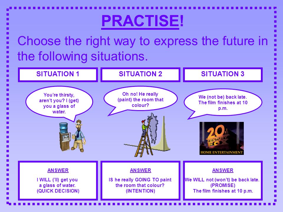 PRACTISE! Choose the right way to express the future in the following situations. SITUATION 1. SITUATION 2.