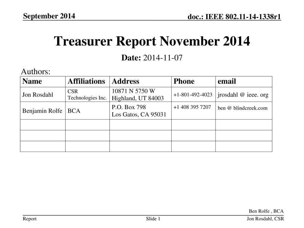 Treasurer Report November 2014
