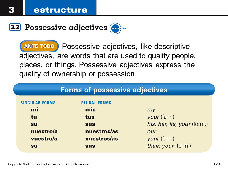 Possessive adjectives, like descriptive adjectives, are words that are used to qualify people, places, or things. Possessive adjectives express the quality of ownership or possession.