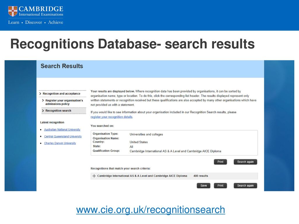 Recognitions Database- search results