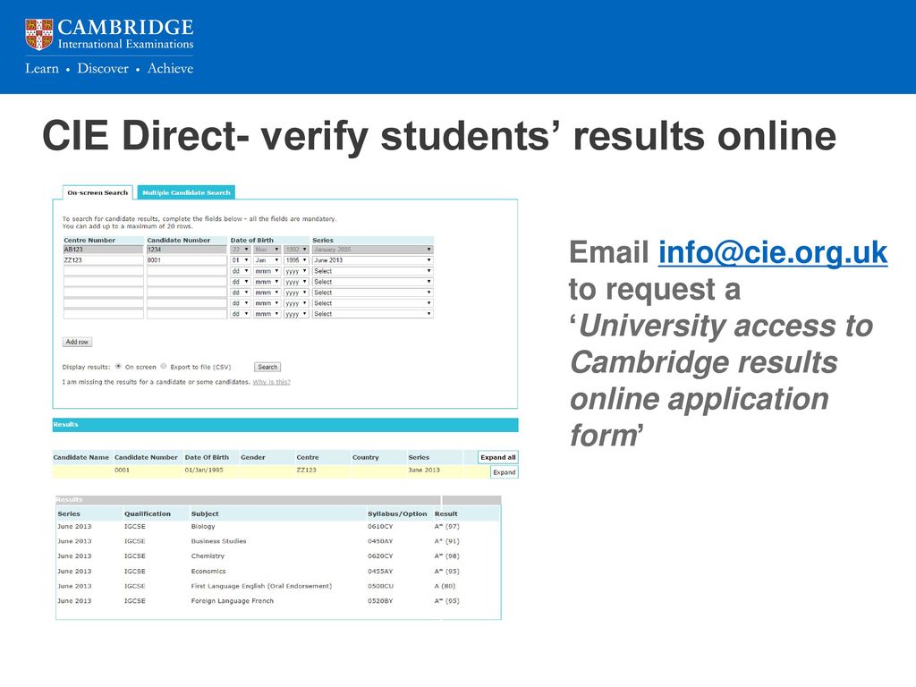 CIE Direct- verify students’ results online
