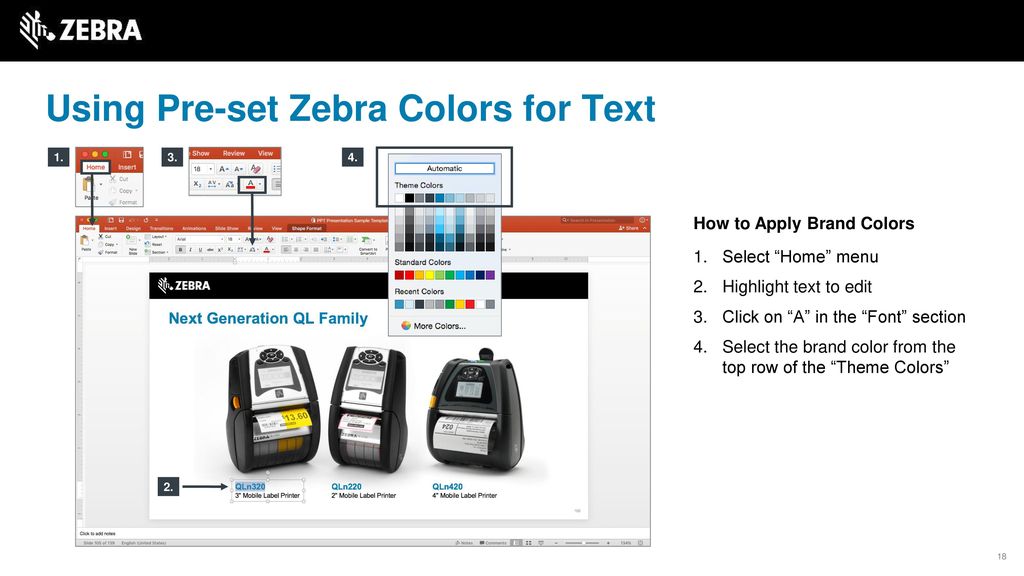 Using Pre-set Zebra Colors for Text