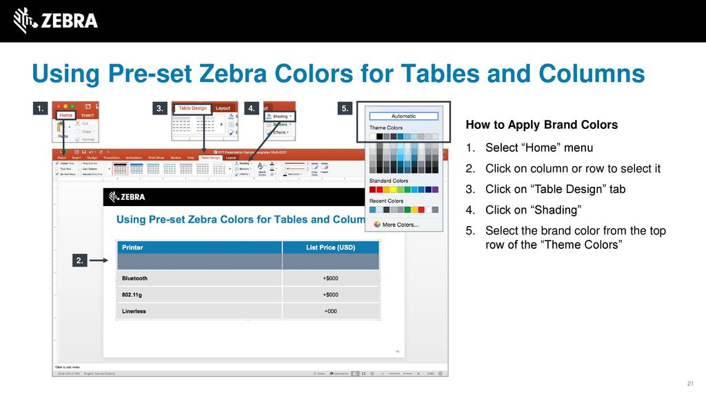 Using Pre-set Zebra Colors for Tables and Columns