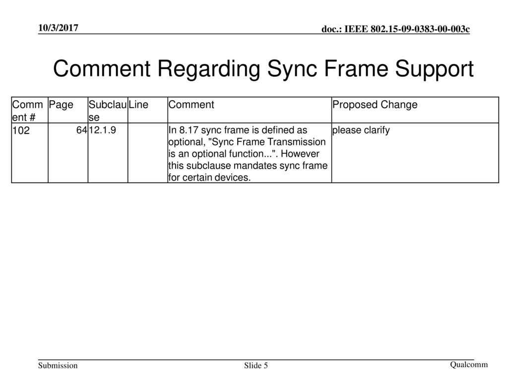 Comment Regarding Sync Frame Support