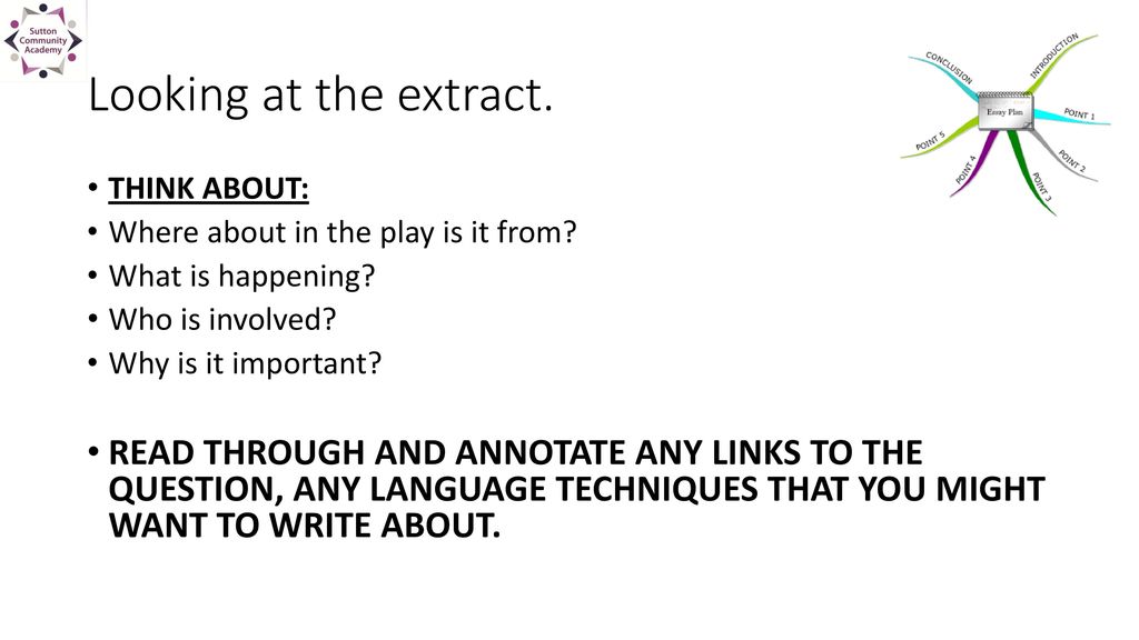Looking at the extract. THINK ABOUT: Where about in the play is it from What is happening Who is involved