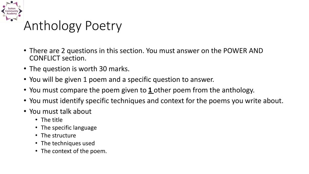 Anthology Poetry There are 2 questions in this section. You must answer on the POWER AND CONFLICT section.