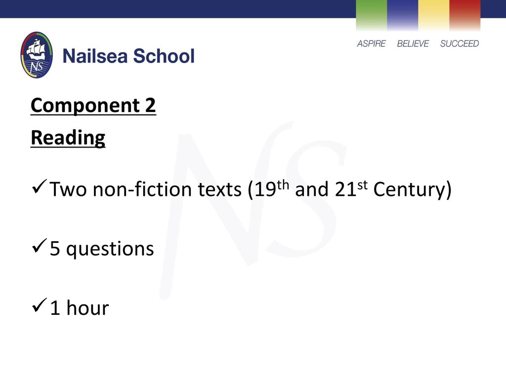 Component 2 Reading Two non-fiction texts (19th and 21st Century) 5 questions 1 hour