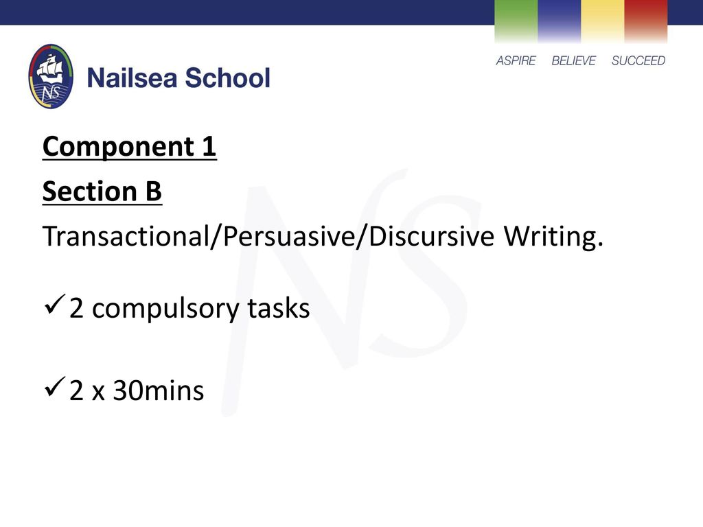 Component 1 Section B Transactional/Persuasive/Discursive Writing. 2 compulsory tasks 2 x 30mins