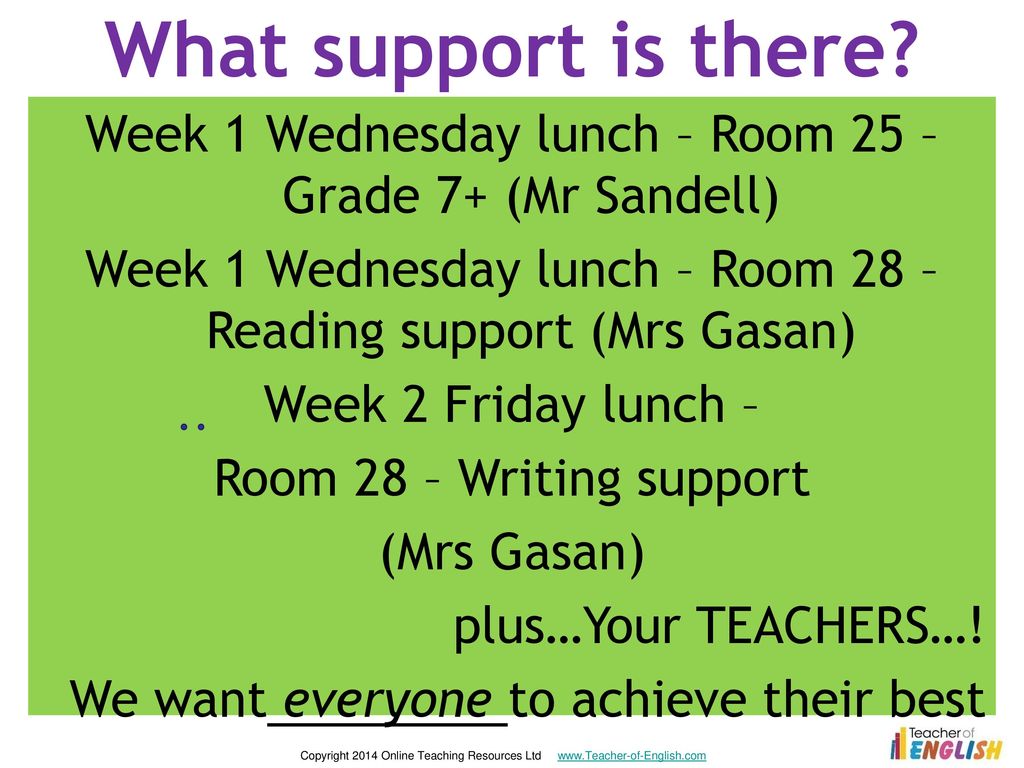What support is there Week 1 Wednesday lunch – Room 25 – Grade 7+ (Mr Sandell) Week 1 Wednesday lunch – Room 28 – Reading support (Mrs Gasan)