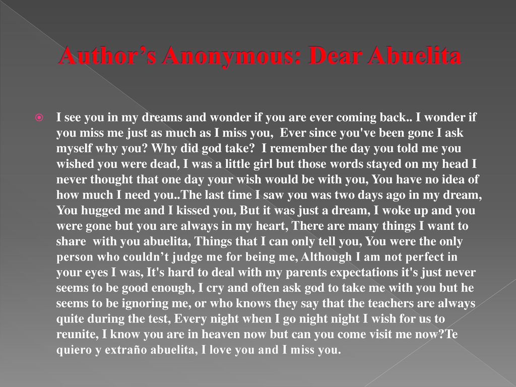 Author’s Anonymous: Dear Abuelita