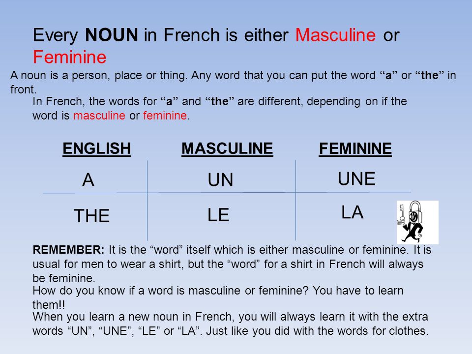 Every NOUN in French is either Masculine or Feminine