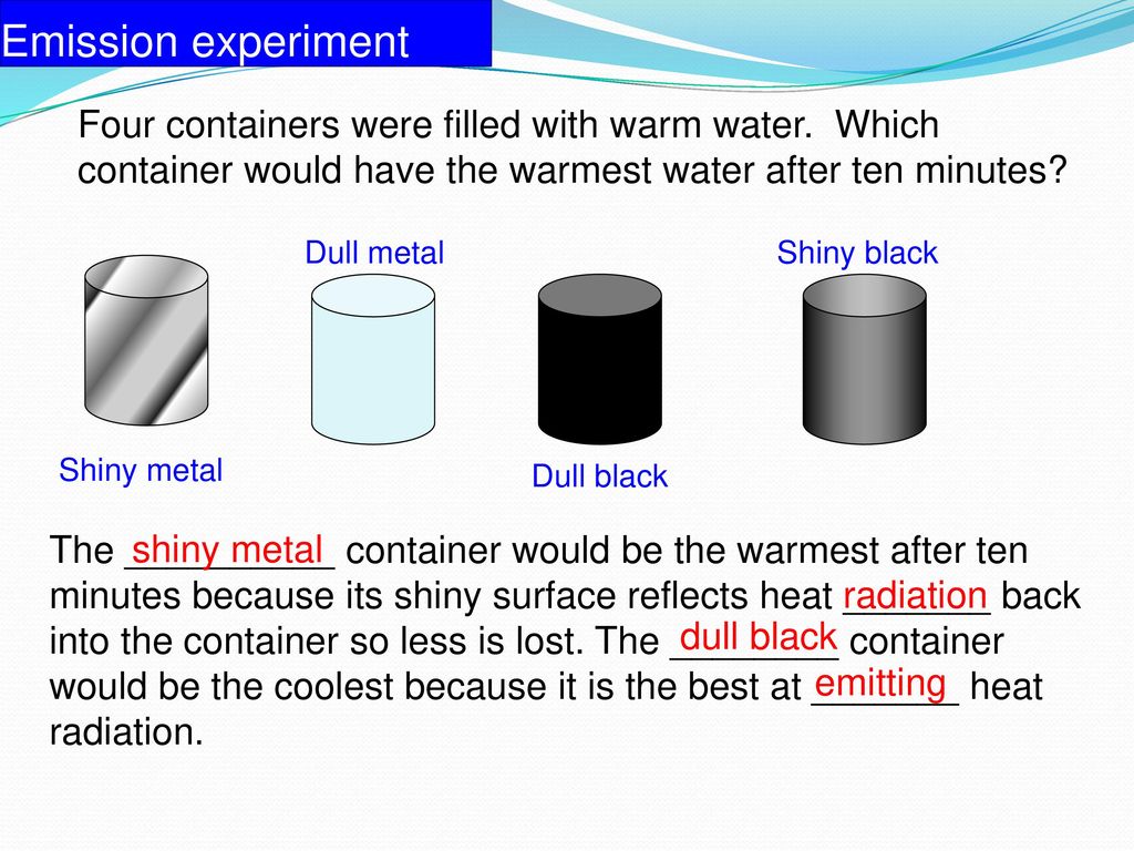 Emission experiment Four containers were filled with warm water. Which container would have the warmest water after ten minutes
