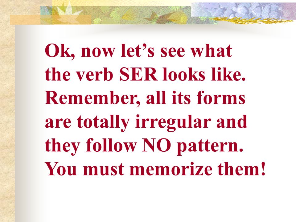 Ok, now let’s see what the verb SER looks like. Remember, all its forms. are totally irregular and.