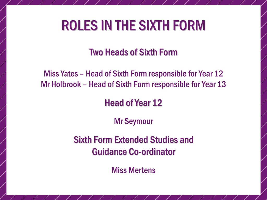 ROLES IN THE SIXTH FORM Two Heads of Sixth Form Head of Year 12
