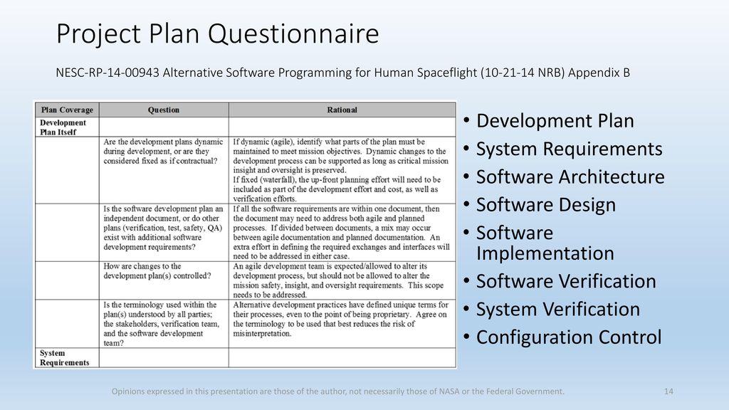 Project Plan Questionnaire NESC-RP Alternative Software Programming for Human Spaceflight ( NRB) Appendix B