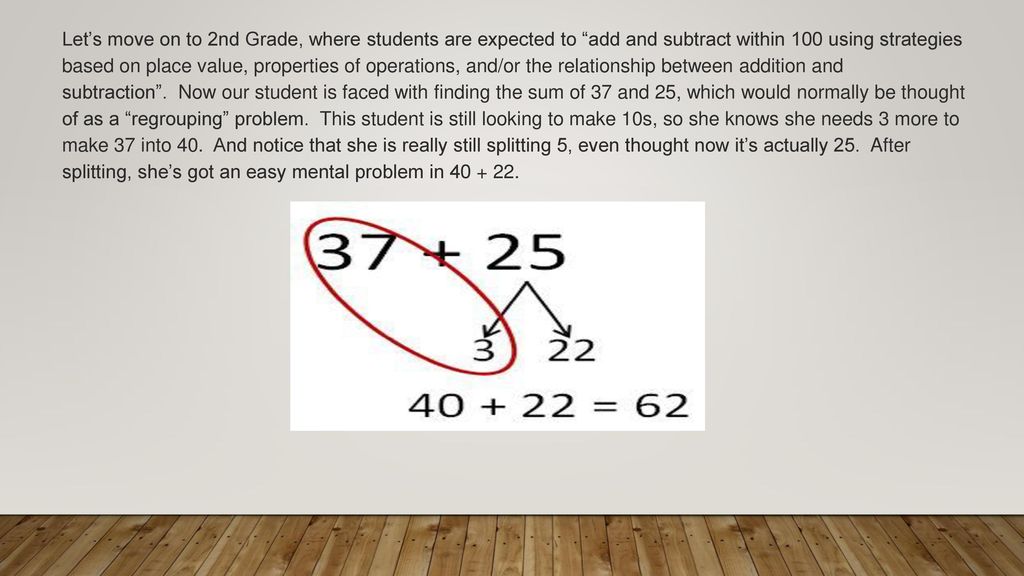 Let’s move on to 2nd Grade, where students are expected to add and subtract within 100 using strategies based on place value, properties of operations, and/or the relationship between addition and subtraction .