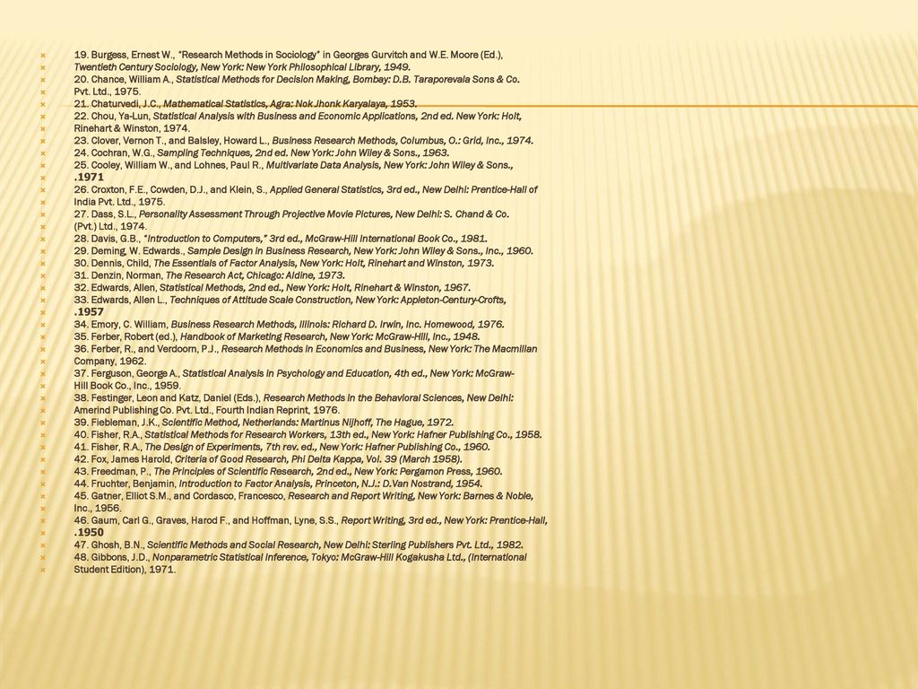 19. Burgess, Ernest W., Research Methods in Sociology in Georges Gurvitch and W.E. Moore (Ed.),