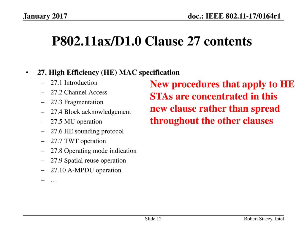 January 2017 P802.11ax/D1.0 Clause 27 contents. 27. High Efficiency (HE) MAC specification Introduction.