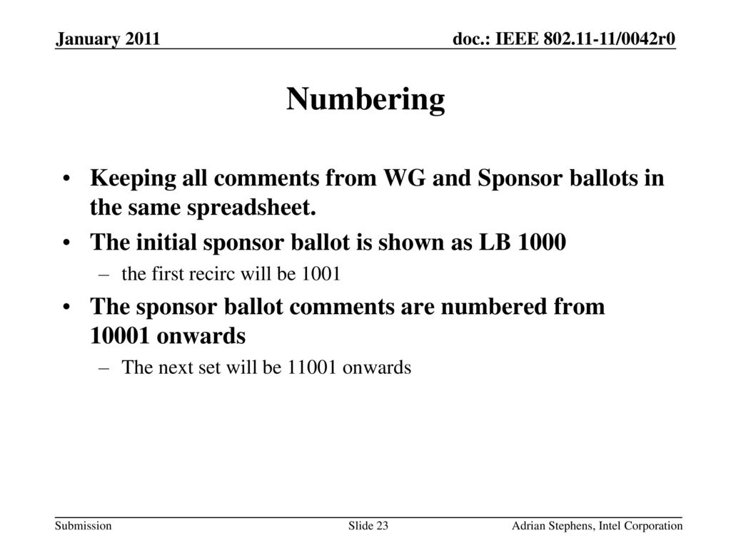January 2011 Numbering. Keeping all comments from WG and Sponsor ballots in the same spreadsheet. The initial sponsor ballot is shown as LB