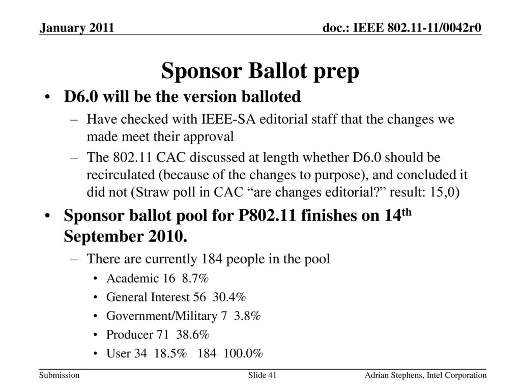 Sponsor Ballot prep D6.0 will be the version balloted