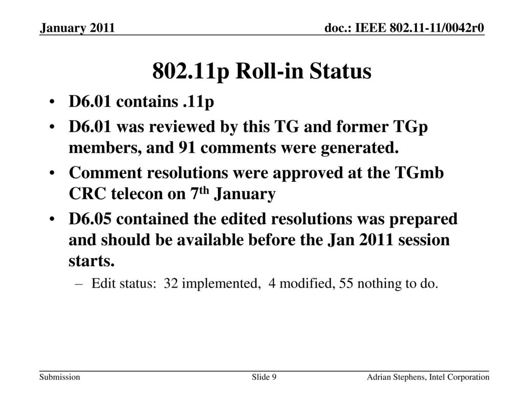 802.11p Roll-in Status D6.01 contains .11p