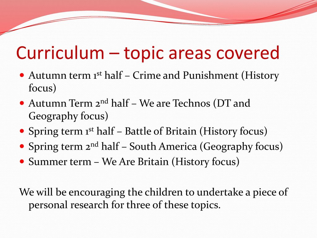 Curriculum – topic areas covered