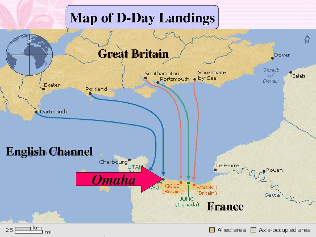 Map of D-Day Landings English Channel Great Britain France Omaha