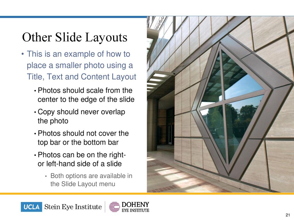 Other Slide Layouts This is an example of how to place a smaller photo using a Title, Text and Content Layout.