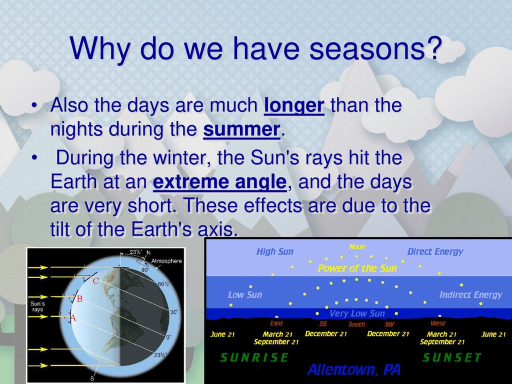 Why do we have seasons Also the days are much longer than the nights during the summer.