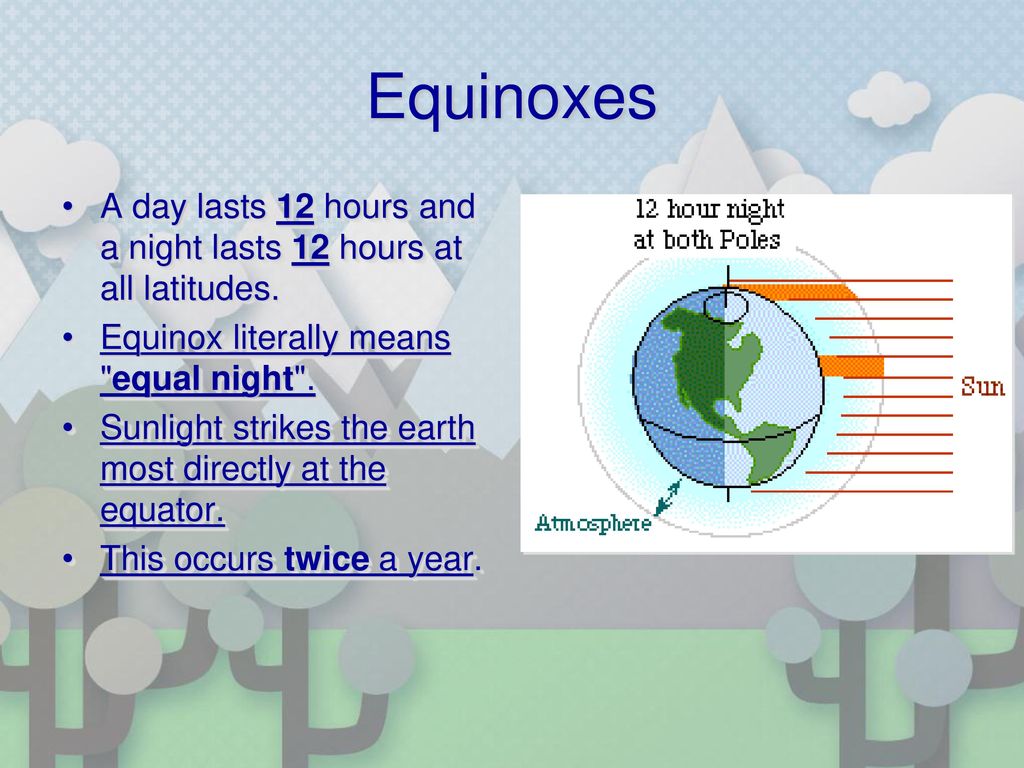 Equinoxes A day lasts 12 hours and a night lasts 12 hours at all latitudes. Equinox literally means equal night .