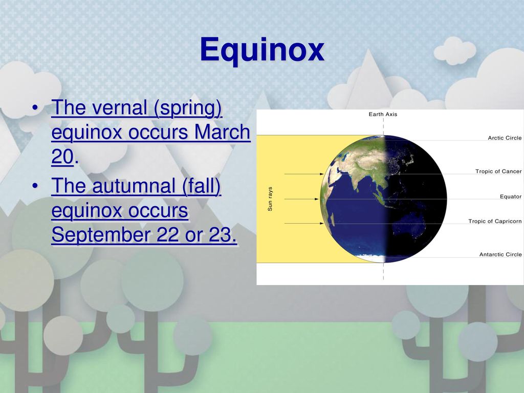 Equinox The vernal (spring) equinox occurs March 20.
