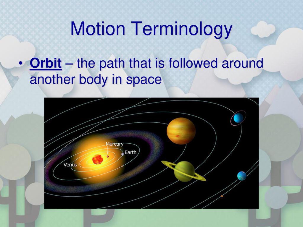 Motion Terminology Orbit – the path that is followed around another body in space