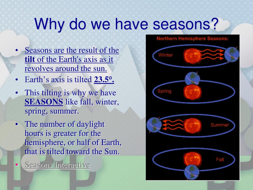 Why do we have seasons Seasons are the result of the tilt of the Earth s axis as it revolves around the sun.