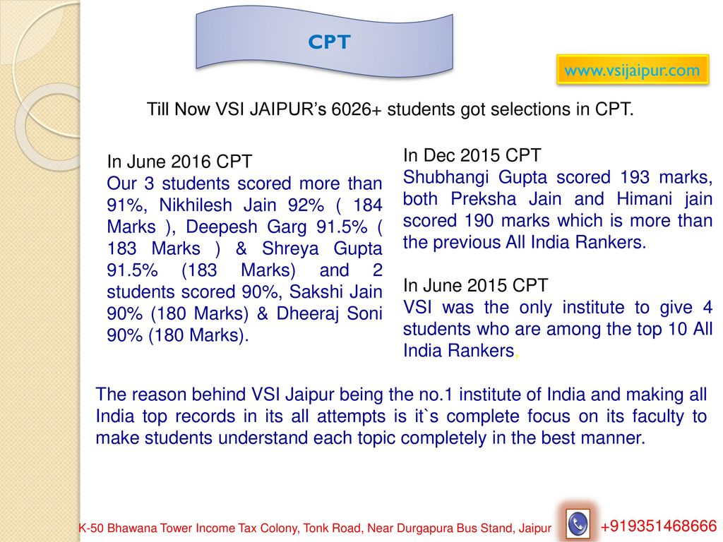 Till Now VSI JAIPUR’s students got selections in CPT.