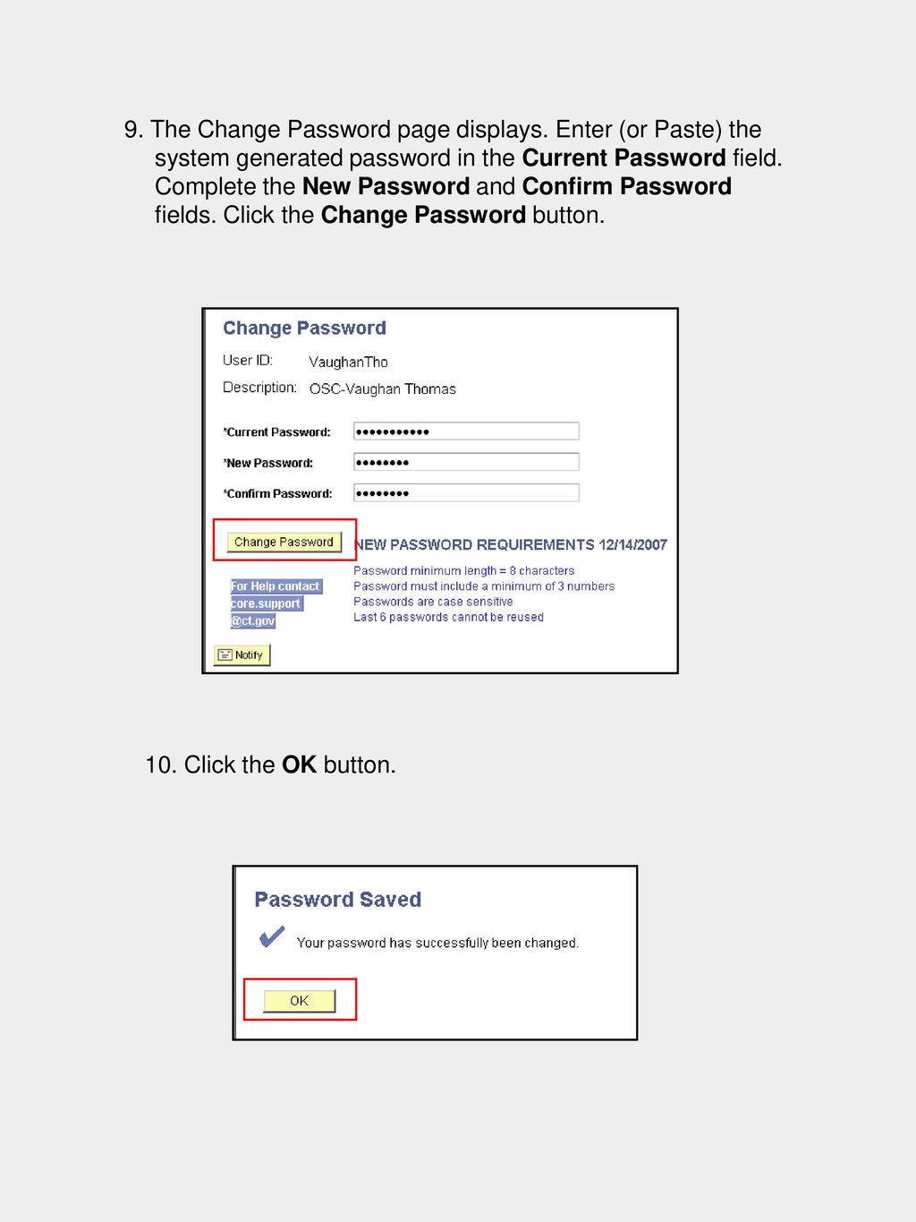 9. The Change Password page displays